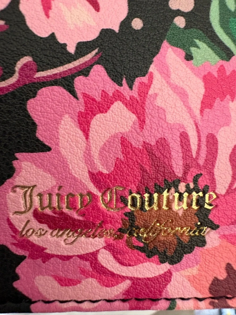 Juicy Couture Black Floral Wristlet Clutch with Pink Roses